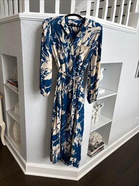 Zara Blue and Cream Abstract Tie-Waist Maxi Dress